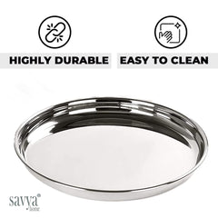 SAVYA HOME 4 Pcs Big Plate Set for Dhanteras & Diwali Gifting | Stainless Steel Dining Plate Set | Stainless Steel,Deep Base Glossy Finish,Durable,Stackable |Steel Plates for Lunch, Breakfast, Dinner
