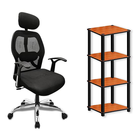 SAVYA HOME® APEX Chairs Apollo Chrome Base high Back Office Chair & Turn and Table 4-Tier (Teak Natural) Combo | Durable & Long Lasting | Home & Office Furniture | DIY Assemble