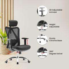 SAVYA HOME Atlas High Back Office Chair, Mesh Back Ergonomic Chair for Office Work at Home with 2D Adjustable Armrest, Headrest & Lumbar Support, Heavy Duty Metal Base (Black,1)