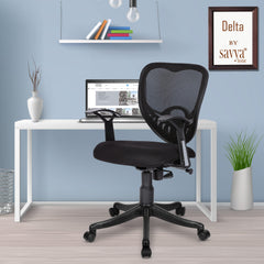 SAVYA HOME® Delta Plus Ergonomic Office Chair| Height Adjustable Seat | Upholstered Seat and T Type armrest Provides Better Comfort |Push Back Tilt Feature |Mid Back Executive Chair(Black, Qty-1)