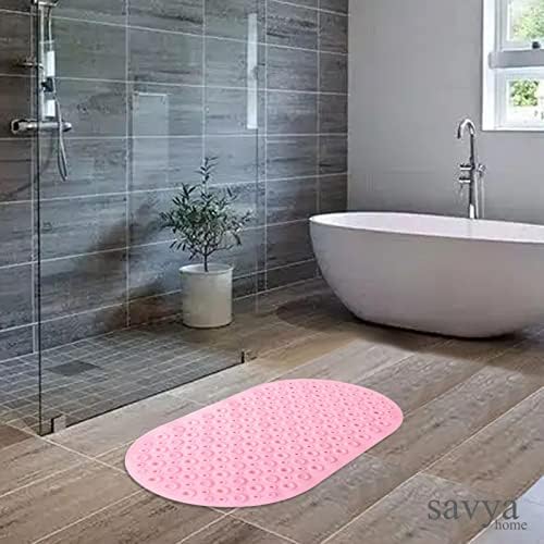 SAVYA HOME Pack of 2 Nonslip Soft Rubber Bath Mat, Rain Mat for Bathtub and Shower, Anti Slip, Anti Bacterial, Machine Washable PVC Bath Mat for Bathroom | 65 x 36 cm |Light Blue & Pink