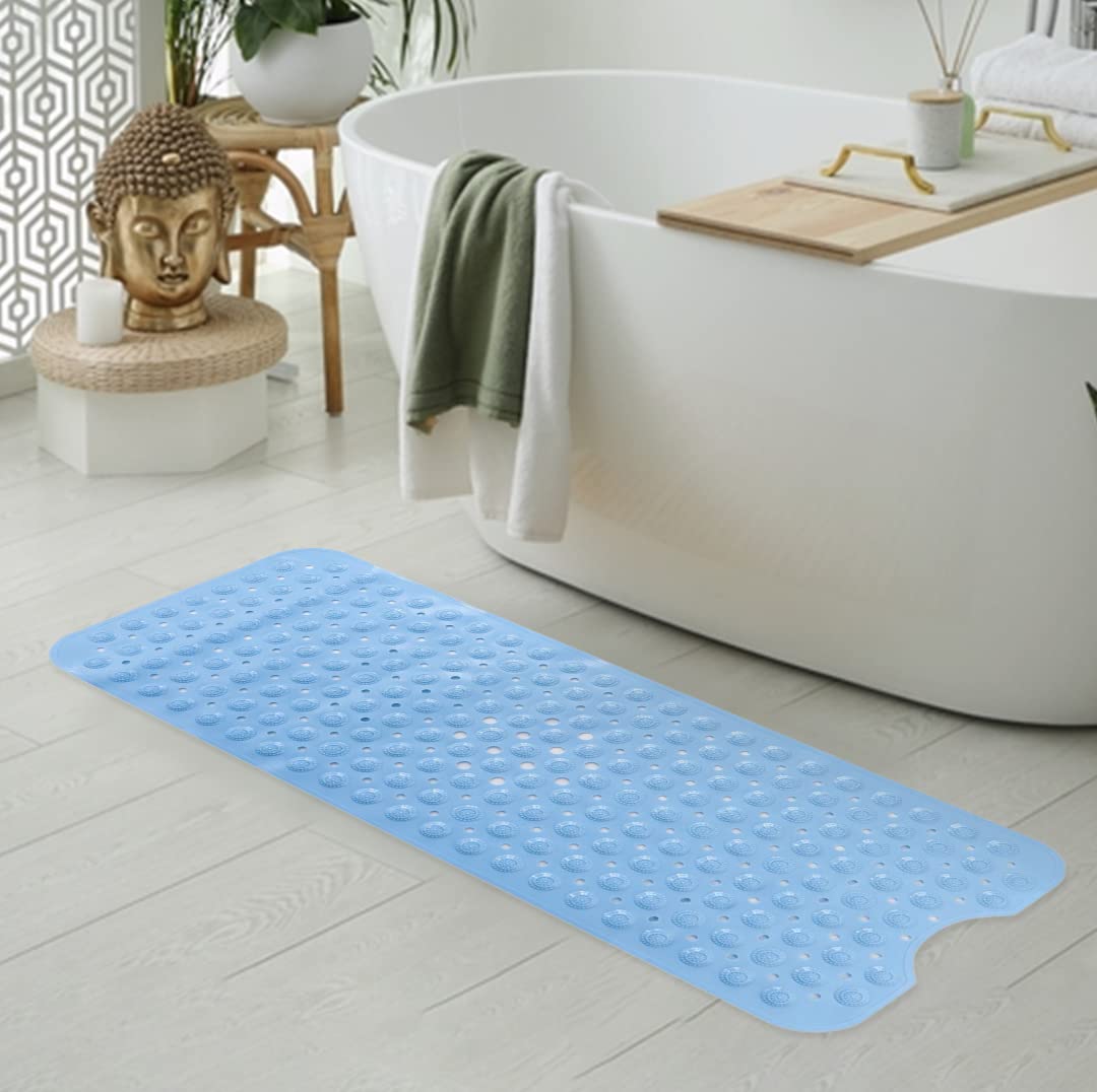 SAVYA HOME Anti Skid Bath Mats | Anti Slip Rubber Shower Mat | Bathroom Mat for Home | Floor Mat with Suction Cups | Machine Washable | Bathroom Accessories | 40 X 100 cm - Sky Blue