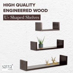 SAVYA HOME U-shaped wooden Hanging shelves-Set of 3, Black Colour