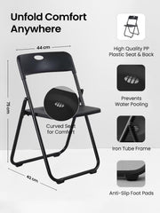 SAVYA HOME Folding Chair for Home | Iron Frame & PP Plastic Seat | Lightweight, Portable, Balcony, Garden, Camping Chair | Anti Slip Legs | Indoor Outdoor Chair | Black | 44 * 42 * 75cm