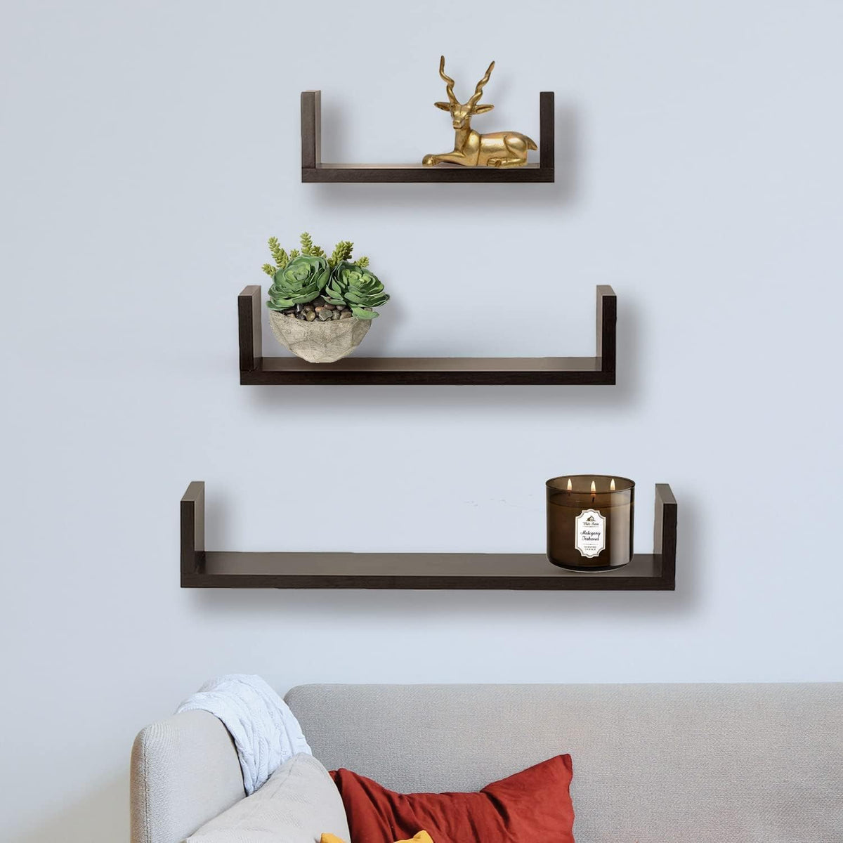 SAVYA HOME U-shaped wooden Hanging shelves-Set of 3, Black Colour