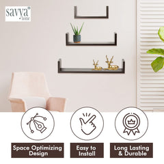 SAVYA HOME U-shaped wooden Hanging shelves-Set of 3, Black Colour