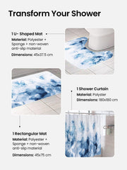 SAVYA HOME Shower Curtain (1) & Bathroom Mat (2) Set, Shower Curtains for Bathroom I, Waterproof Fabric I Anti Skid Mat for Bathroom Floor I Blue Marble, Pack of 3