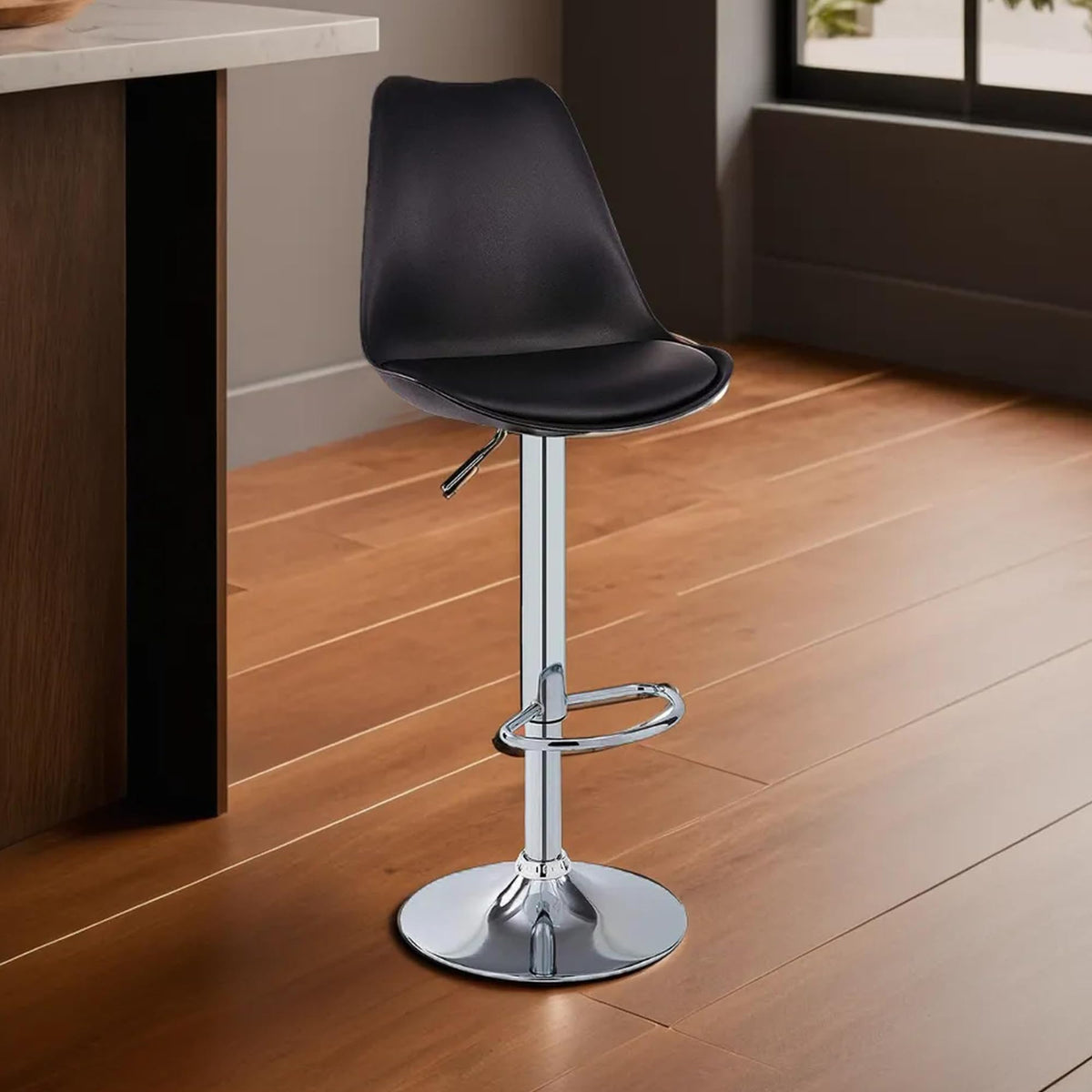 SAVYA HOME Curvy Plus Bar Stool | Stool for Kitchen | Height Adjustable Curvy 360 Swivel Design | High Chair for Adults Suitable for Cafeteria Dining Office Shops | Black