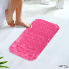 Savya Home Anti Skid Bath Mat for Bathroom, Mat for Kitchen, Mat for Shower area, Bathtub Mats| PVC Bath Mat with Suction Cup, Machine Washable Floor Mat (67x37 cm) (Pink)