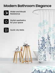 SAVYA HOME Shower Curtain(180*180cm) Bathroom Mat(45*75cm) & U Shaped Mat(45*38cm) | 3Pcs Bathroom Accessories Set | Anti Skid Mat For Bathroom Floor | Water-Poof Polyester Material- Blue Flowers