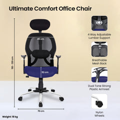 SAVYA HOME Apollo High Back Ergonomic Office Chair/Chair for Office Work at Home/Chairs for Home/Office Chairs for Work from Home/2D LumbarSupport & Headrest, Tiltlock Mechanism,Steel Base-Blue