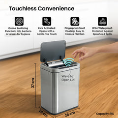 SAVYA HOME 16L Dustbin For Kitchen | Dustbin For Bathroom | 37 cm Automatic Smart Sensor Dustbin For Bedroom | Waste Bin | Stainless Steel Dustbin With Lid | Dustbin for Home | Garbage Bin - Silver