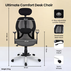 SAVYA HOME Apollo High Back Ergonomic Office Chair/Chair for Office Work at Home/Study Chair for Adults/Office Chairs for Work from Home/Chair for Study Table/Computer Chair/2D Lumbar Support-Grey