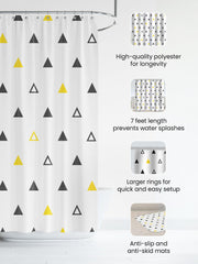 SAVYA HOME Shower Curtain (1) & Bathroom Mat (2) Set, Shower Curtains for Bathroom I, Waterproof Fabric I Anti Skid Mat for Bathroom Floor I Yellow Black Triangle, Pack of 3