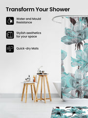 SAVYA HOME Shower Curtain (1) & Bathroom Mat (2) Set, Shower Curtains for Bathroom I, Waterproof Fabric I Anti Skid Mat for Bathroom Floor I Floral Aqua, Pack of 3