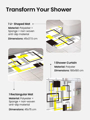 SAVYA HOME Shower Curtain (1) & Bathroom Mat (2) Set, Shower Curtains for Bathroom I, Waterproof Fabric I Anti Skid Mat for Bathroom Floor I Geometric Yellow Grey, Pack of 3