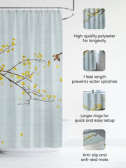 SAVYA HOME Shower Curtain (1) & Bathroom Mat (2) Set, Shower Curtains for Bathroom I, Waterproof Fabric I Anti Skid Mat for Bathroom Floor I Yellow Blossoms, Pack of 3