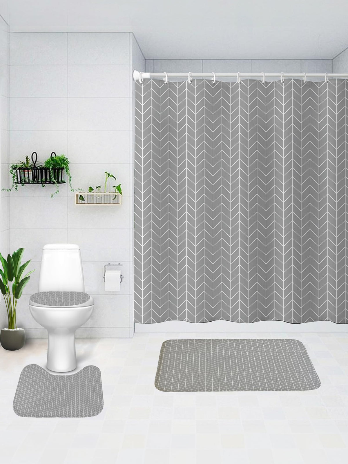 SAVYA HOME Shower Curtain (1) & Bathroom Mat (2) Set, Shower Curtains for Bathroom I, Waterproof Fabric I Anti Skid Mat for Bathroom Floor I White Grey Zig Zag, Pack of 3