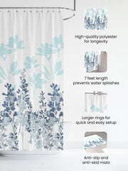 SAVYA HOME Shower Curtain(180*180cm) Bathroom Mat(45*75cm) & U Shaped Mat(45*38cm) | 3Pcs Bathroom Accessories Set | Anti Skid Mat For Bathroom Floor | Water-Poof Polyester Material- Blue Flowers