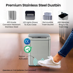 SAVYA HOME 13L Dustbin For Kitchen | Dustbin For Bathroom | 33 cm Automatic Smart Sensor Dustbin For Bedroom | Waste Bin | Stainless Steel Dustbin With Lid | Dustbin for Home | Garbage Bin - Silver