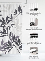 SAVYA HOME Shower Curtain (1) & Bathroom Mat (2) Set, Shower Curtains for Bathroom I, Waterproof Fabric I Anti Skid Mat for Bathroom Floor I Blue Grey Leaves, Pack of 3