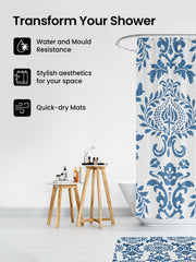 SAVYA HOME Shower Curtain (1) & Bathroom Mat (2) Set, Shower Curtains for Bathroom I, Waterproof Fabric I Anti Skid Mat for Bathroom Floor I Indigo Blue Print, Pack of 3