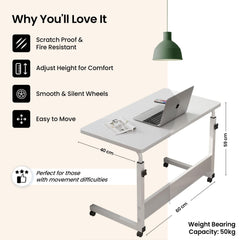 SAVYA HOME Multipurpose Manual Height Adjustable Desk/Portable Table/Laptop Table/Lapdesk/Bedside Table/Study Table for Kids/MDF Board with Wheels/Lapdesk/White-80x40x(60-90) cm