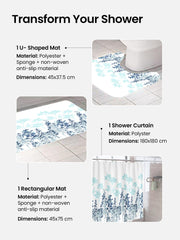 SAVYA HOME Shower Curtain(180*180cm) Bathroom Mat(45*75cm) & U Shaped Mat(45*38cm) | 3Pcs Bathroom Accessories Set | Anti Skid Mat For Bathroom Floor | Water-Poof Polyester Material- Blue Flowers