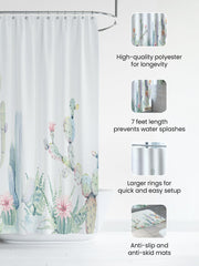 SAVYA HOME Shower Curtain (1) & Bathroom Mat (2) Set, Shower Curtains for Bathroom I, Waterproof Fabric I Anti Skid Mat for Bathroom Floor I Cactus Flower, Pack of 3