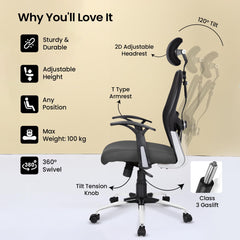 SAVYA HOME Apollo High Back Ergonomic Office Chair/Chair for Office Work at Home/Study Chair for Adults/Office Chairs for Work from Home/Chair for Study Table/Computer Chair/2D Lumbar Support-Grey