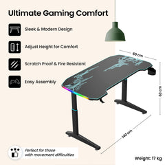 SAVYA HOME Electric Height Adjustable Gaming Desk for Office, Study|Laptop Computer Desk Table, Sit & Stand Desk Ideal for Home, Office, Gaming Setups with Free Mouse Pad (140 * 60*(63-98), Black