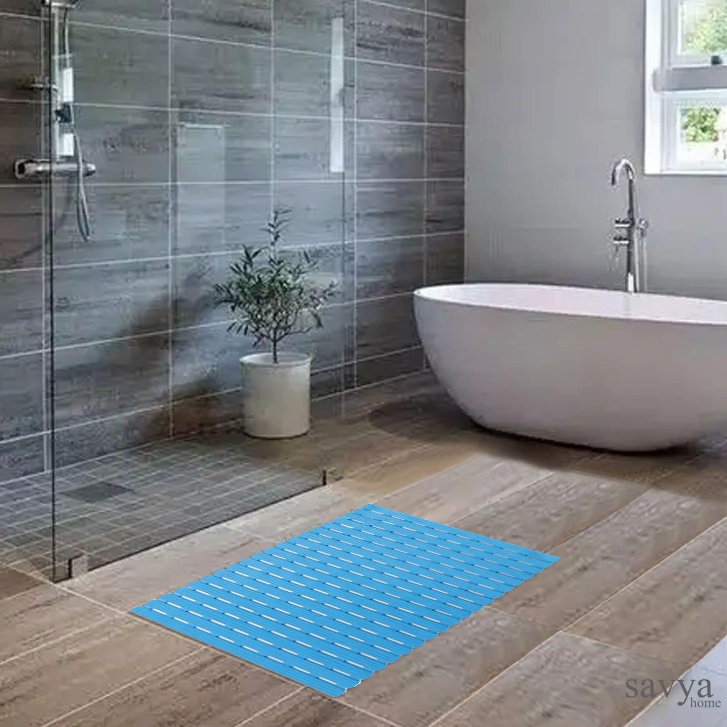SAVYA HOME Pack of 2 PVC Bathmats | 40x71cm | Anti-Skid mat, Living Room mat, Doormat, Multipurpose mat| Quick dry bath mat|Non Slip bath mat|Bath tub mat| (Blue)