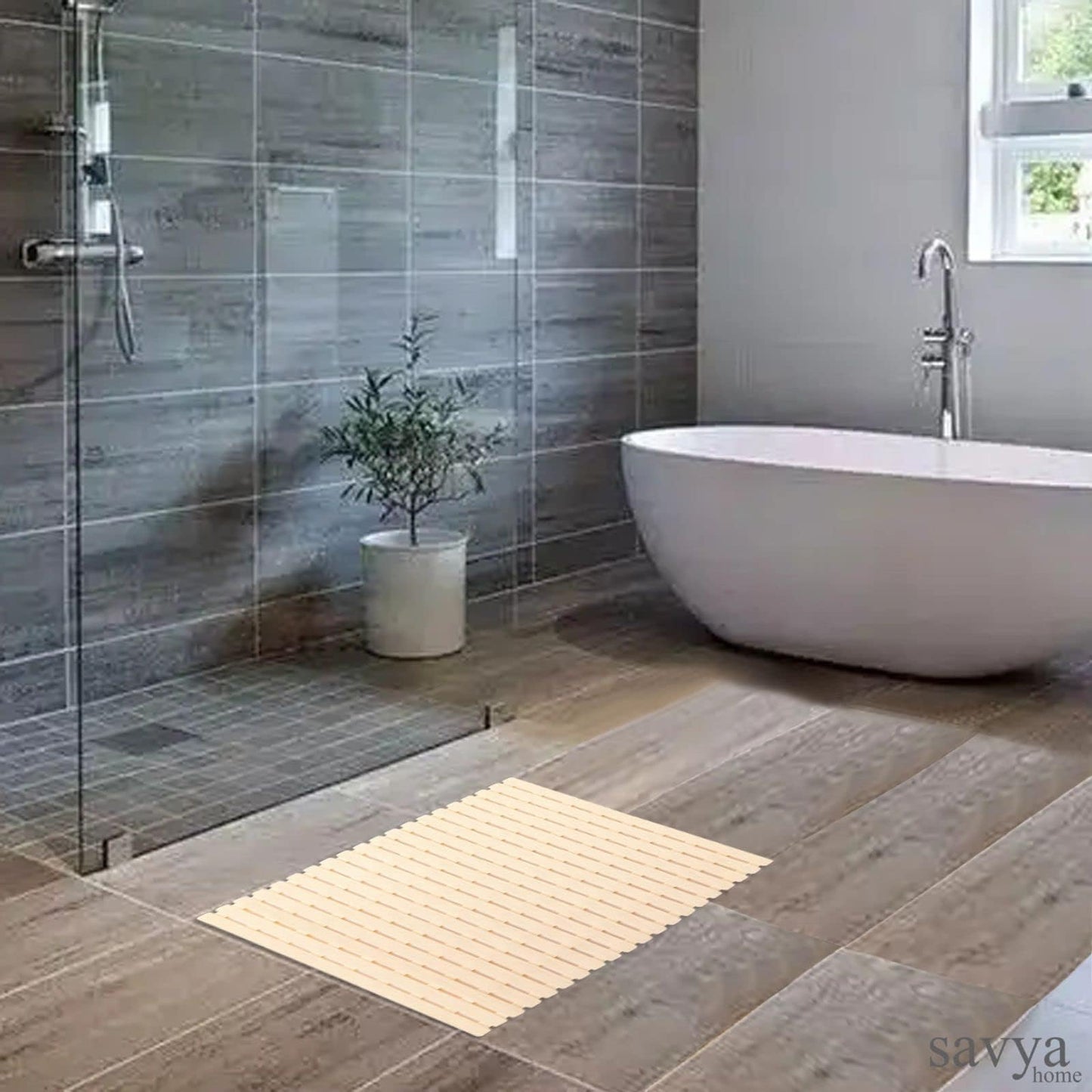 SAVYA HOME Pack of 2 PVC Bathmats | 40x71cm | Anti-Skid mat, Living Room mat, Doormat, Multipurpose mat | Quick dry bath mat|Non Slip bath mat|Bath tub mat|(Beige & Grey)