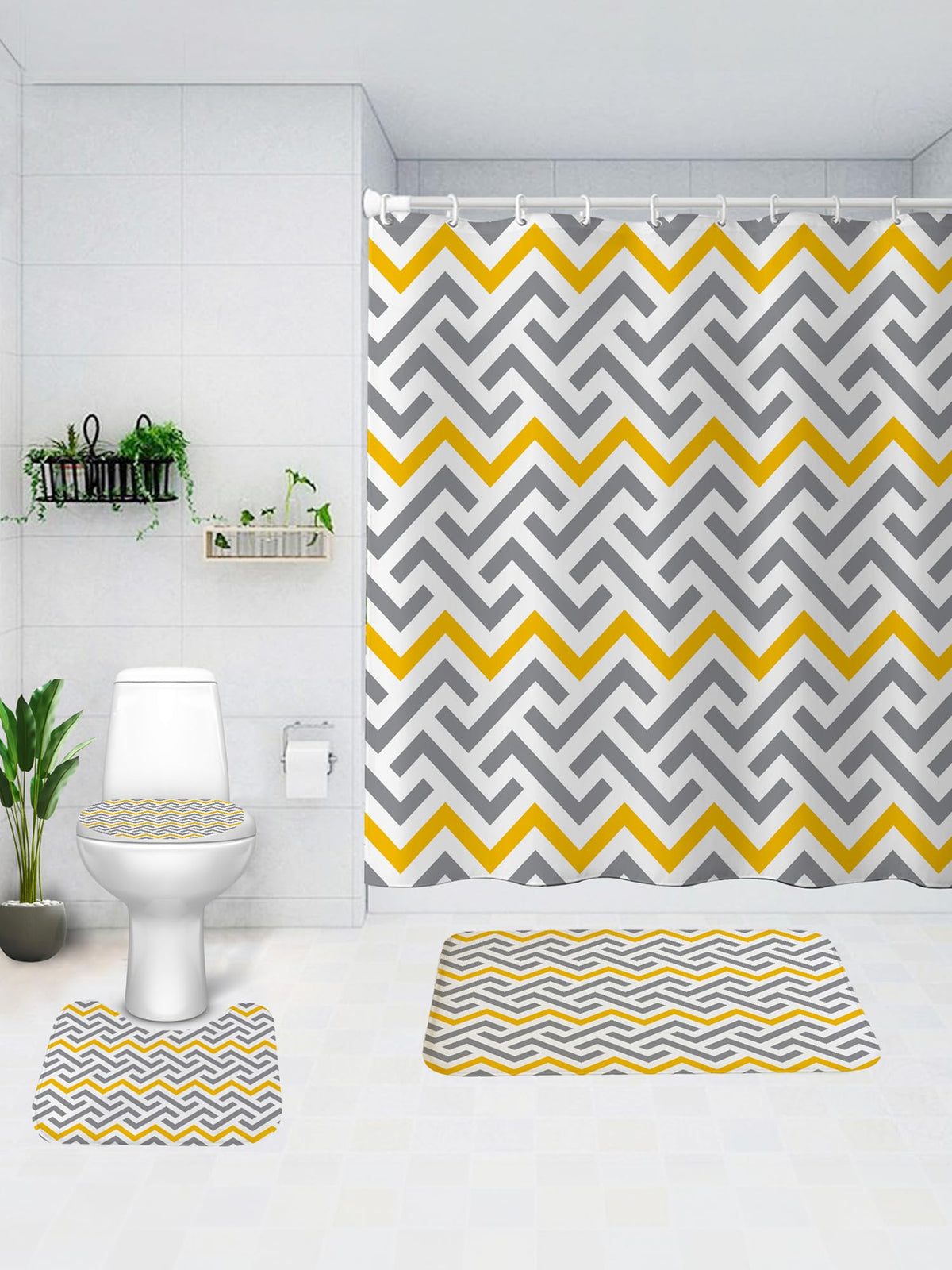 SAVYA HOME Shower Curtain (1) & Bathroom Mat (2) Set, Shower Curtains for Bathroom I, Waterproof Fabric I Anti Skid Mat for Bathroom Floor I Yellow Grey Aztec, Pack of 3