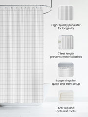 SAVYA HOME Shower Curtain (1) & Bathroom Mat (2) Set, Shower Curtains for Bathroom I, Waterproof Fabric I Anti Skid Mat for Bathroom Floor I White Checks, Pack of 3