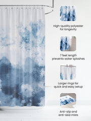 SAVYA HOME Shower Curtain (1) & Bathroom Mat (2) Set, Shower Curtains for Bathroom I, Waterproof Fabric I Anti Skid Mat for Bathroom Floor I Blue Marble, Pack of 3