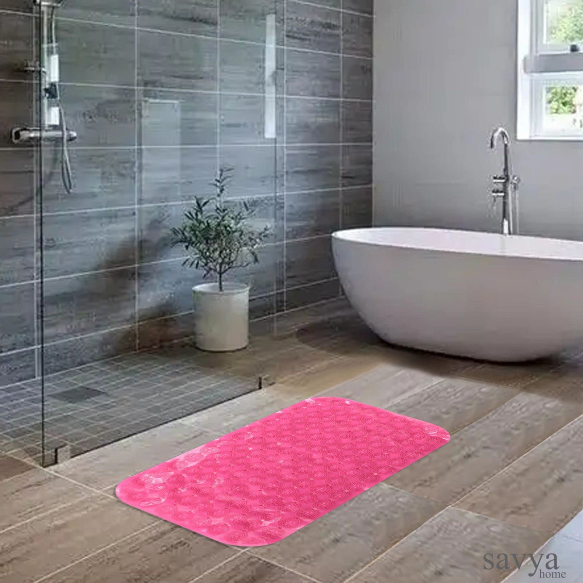 Savya Home Anti Skid Bath Mat for Bathroom, Mat for Kitchen, Mat for Shower area, Bathtub Mats| PVC Bath Mat with Suction Cup, Machine Washable Floor Mat (67x37 cm) (Pink)