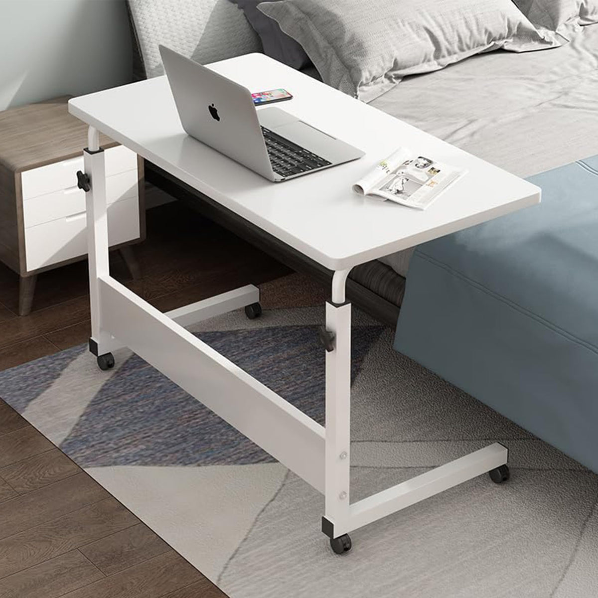 SAVYA HOME Multipurpose Manual Height Adjustable Desk/Portable Table/Laptop Table/Lapdesk/Bedside Table/Study Table for Kids/MDF Board with Wheels/Lapdesk/White-80x40x(60-90) cm