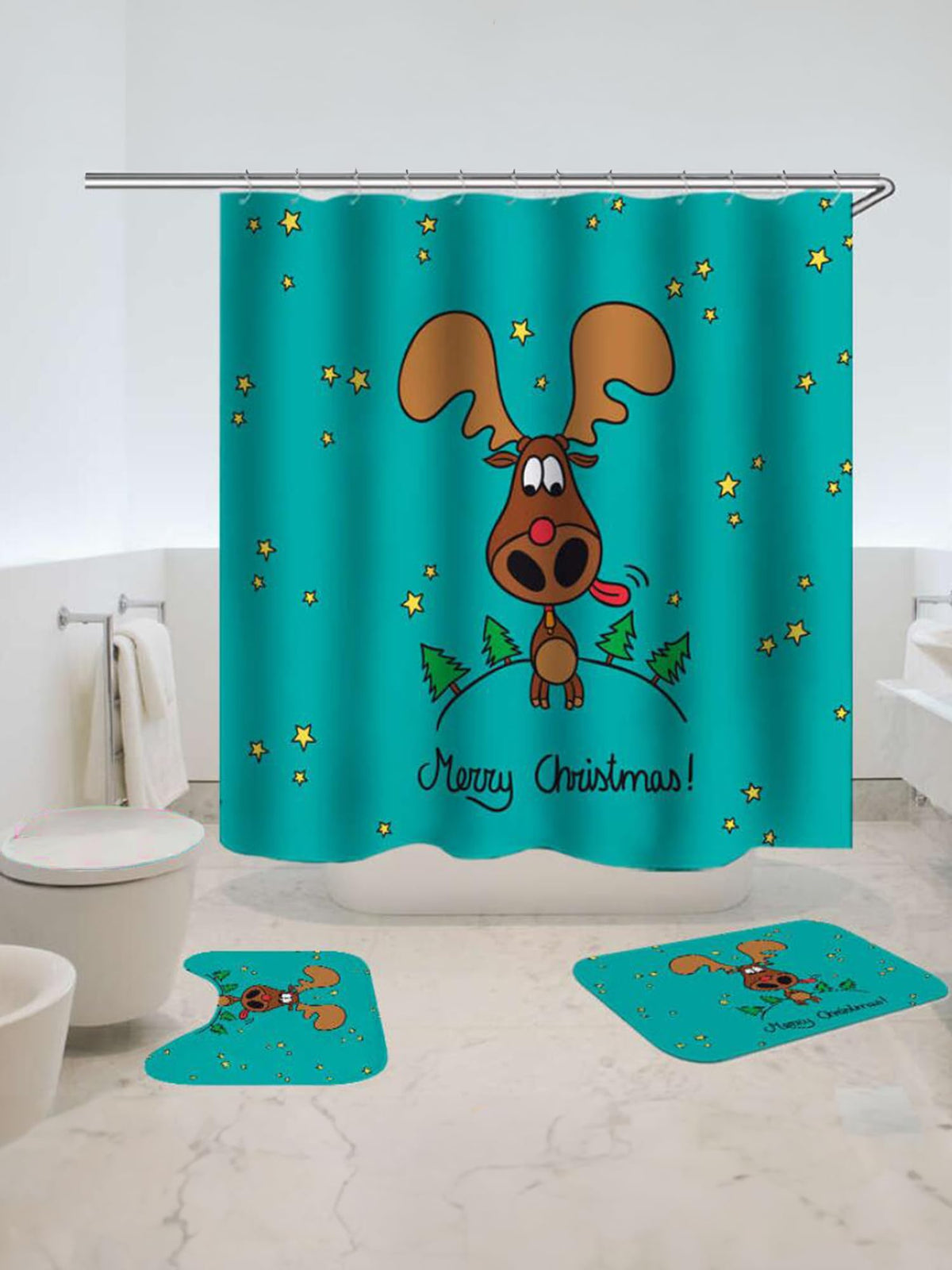 SAVYA HOME Shower Curtain (1) & Bathroom Mat (2) Set, Shower Curtains for Bathroom I, Waterproof Fabric I Anti Skid Mat for Bathroom Floor I Reindeer Print, Pack of 3