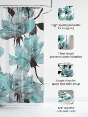 SAVYA HOME Shower Curtain (1) & Bathroom Mat (2) Set, Shower Curtains for Bathroom I, Waterproof Fabric I Anti Skid Mat for Bathroom Floor I Floral Aqua, Pack of 3