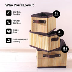 SAVYA HOME Bamboo Basket for Storage (3Pcs) Laundry Basket for Clothes | Home Organizer Items and Storage | Eco Friendly | Compact and Easy to carry | Home Storage Organizer | Brown