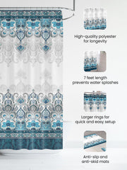 SAVYA HOME Shower Curtain (1) & Bathroom Mat (2) Set, Shower Curtains for Bathroom I, Waterproof Fabric I Anti Skid Mat for Bathroom Floor I Blue Turkish Print, Pack of 3