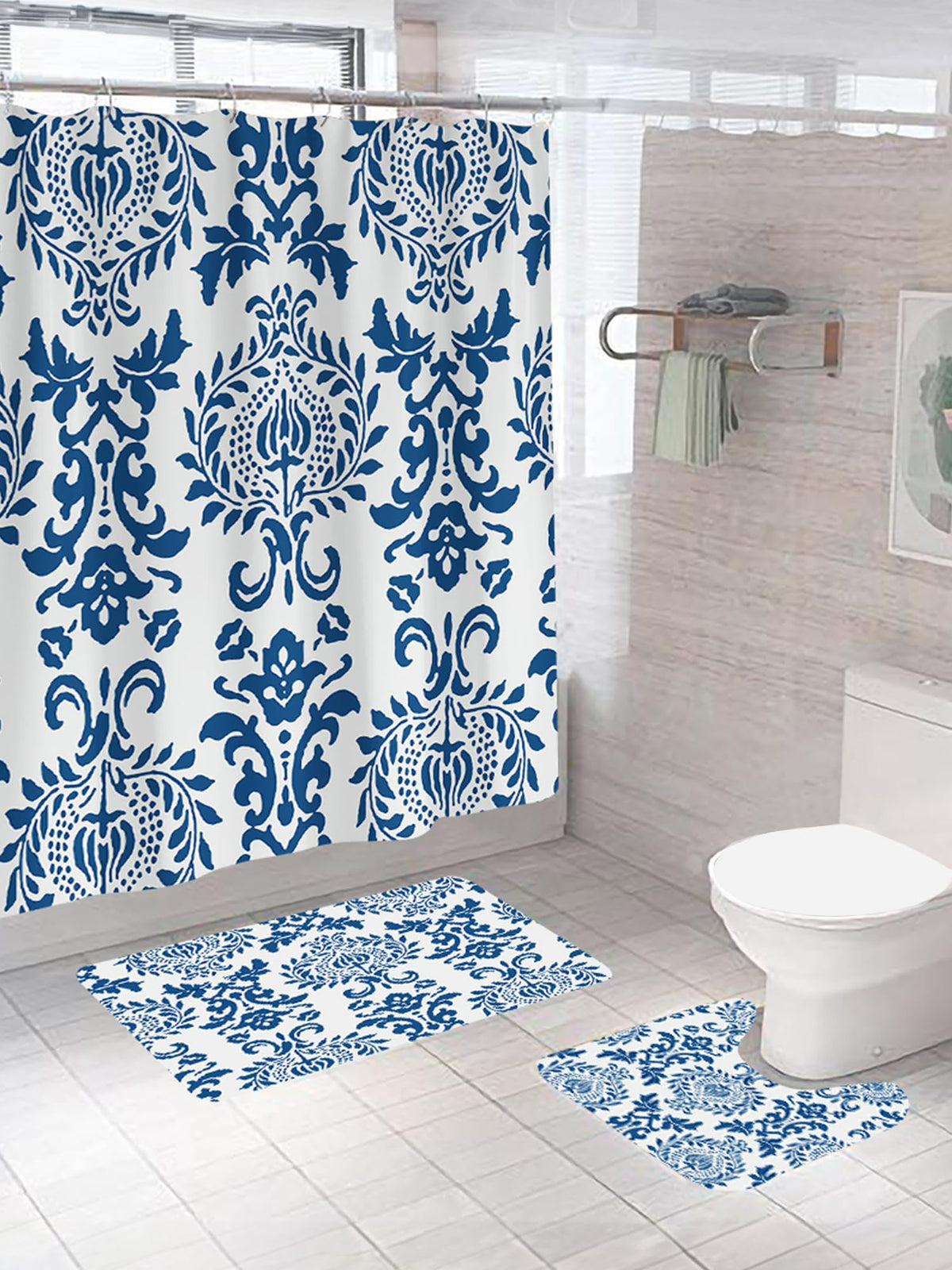 SAVYA HOME Shower Curtain (1) & Bathroom Mat (2) Set, Shower Curtains for Bathroom I, Waterproof Fabric I Anti Skid Mat for Bathroom Floor I Indigo Blue Print, Pack of 3