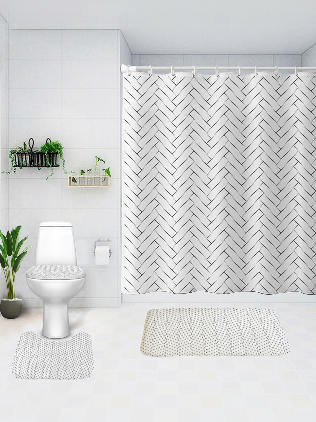 SAVYA HOME Shower Curtain (1) & Bathroom Mat (2) Set, Shower Curtains for Bathroom I, Waterproof Fabric I Anti Skid Mat for Bathroom Floor I Black White Herringbone, Pack of 3
