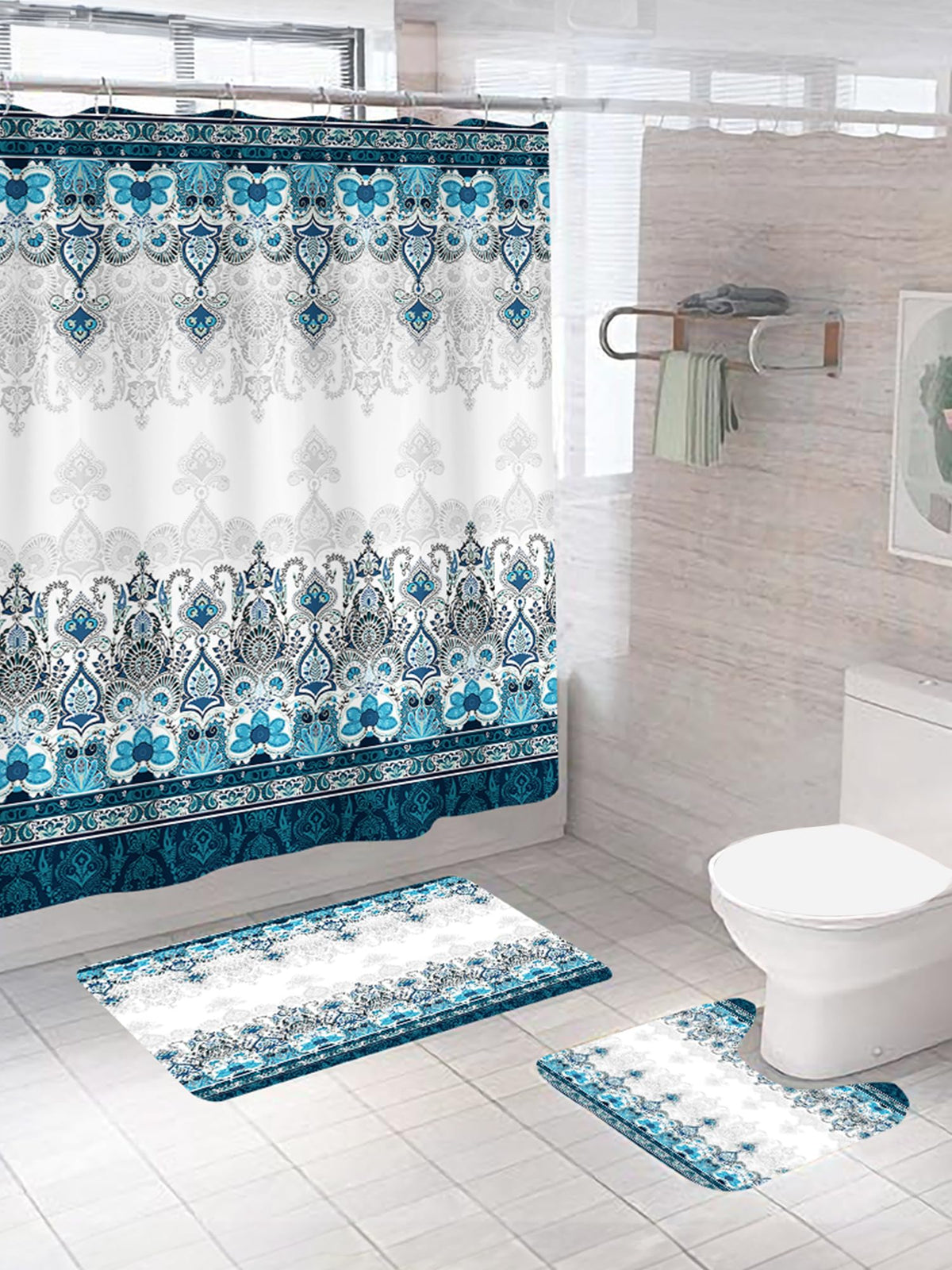 SAVYA HOME Shower Curtain (1) & Bathroom Mat (2) Set, Shower Curtains for Bathroom I, Waterproof Fabric I Anti Skid Mat for Bathroom Floor I Blue Turkish Print, Pack of 3