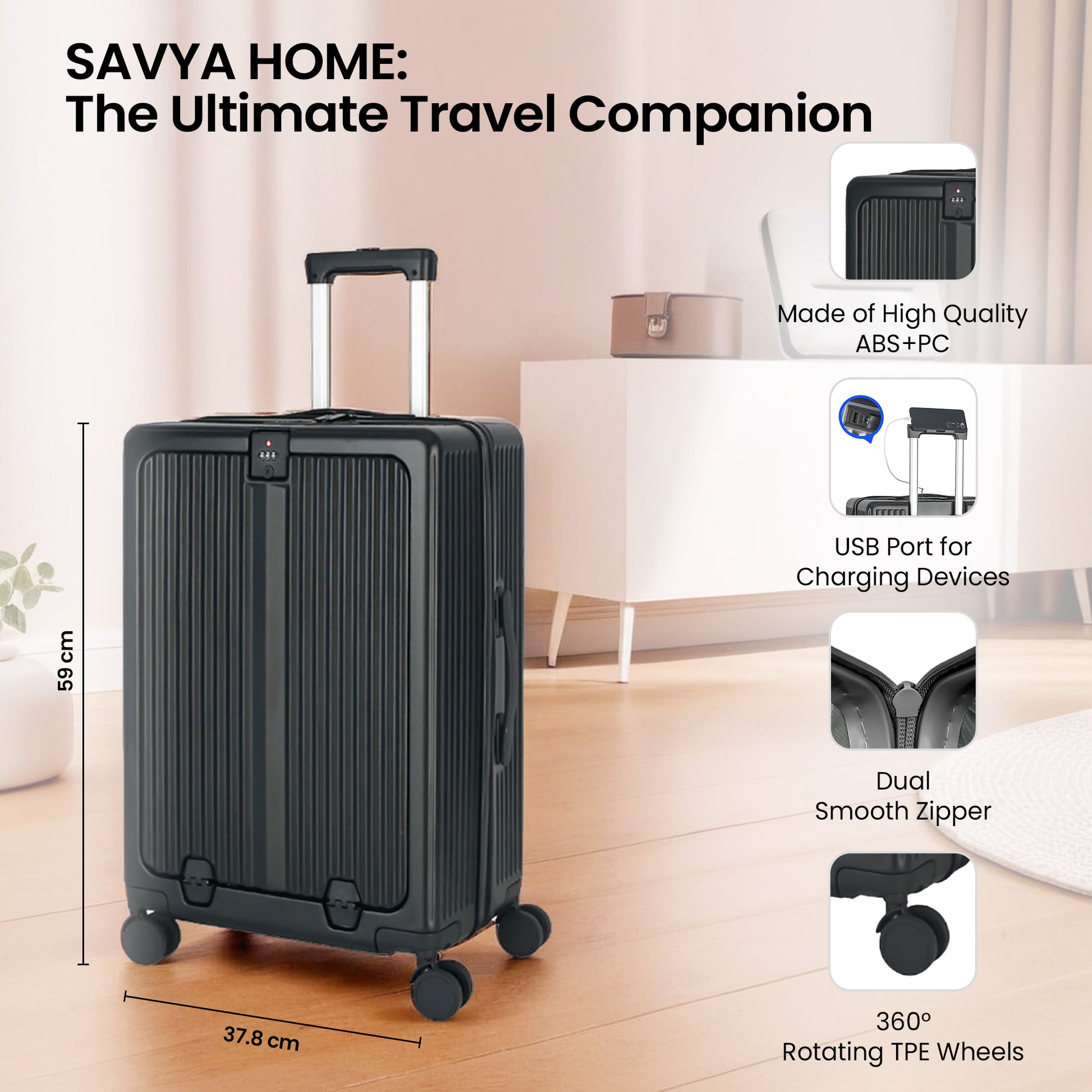 SAVYA HOME Saga Series - Stylish Black Hard Shell Suitcase