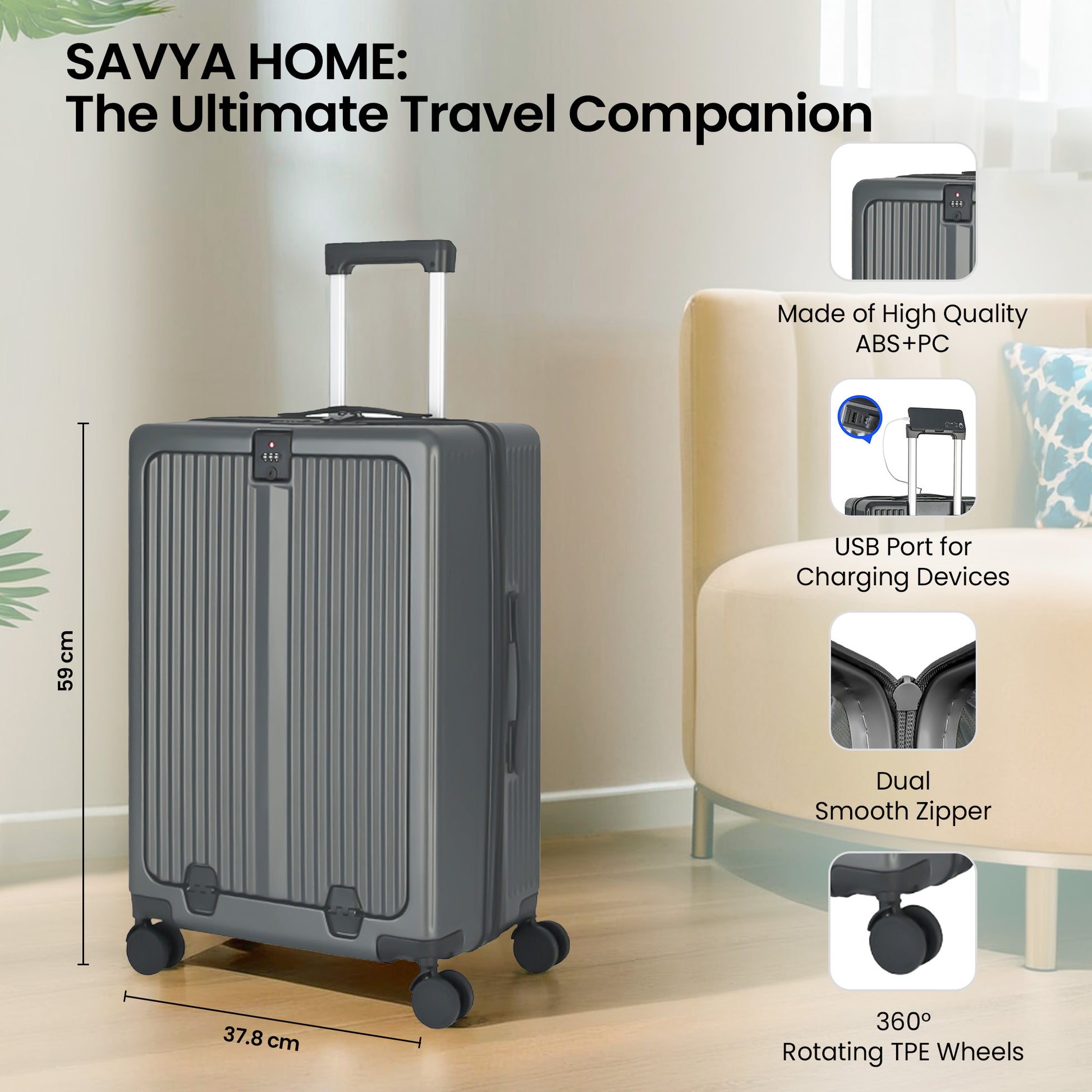 SAVYA HOME suitcase - stylish grey cabin luggage