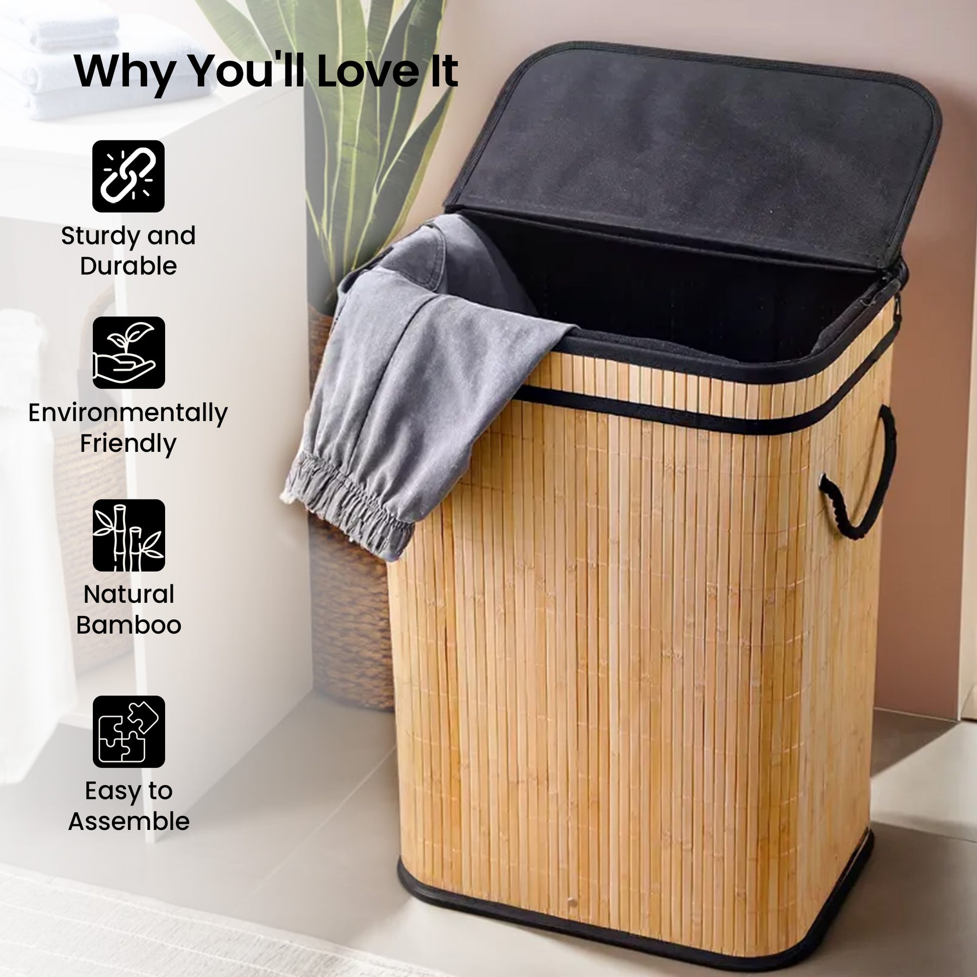 SAVYA HOME Foldable Bamboo Laundry Basket - Convenient handling