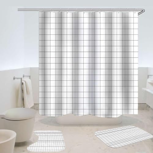 SAVYA HOME Shower Curtain (1) & Bathroom Mat (2) Set, Shower Curtains for Bathroom I, Waterproof Fabric I Anti Skid Mat for Bathroom Floor I Grey Checks, Pack of 3