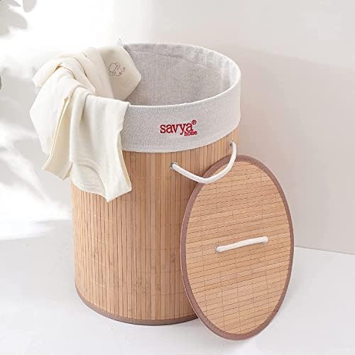 SAVYA HOME Round Bamboo Laundry basket with Lid | Laundry Basket for Clothes | Foldable & Durable | Perfect Organiser for Clothes, Toys, Beige (1) (1)